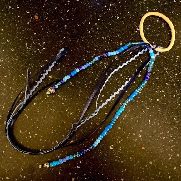 NEW! Handmade Embellished Hair Elastic w Ribbons & Beaded Strands in Blue - Picture 1 of 3